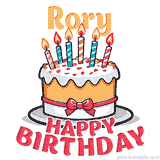 Cartoon birthday cake with a red bow, glowing candles, and 'Rory Happy Birthday' text in bold animated style.