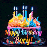 Clean and professional 3D animated Happy Birthday Rory design featuring three bouncing gifts casting dynamic shadows on a white studio floor