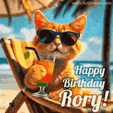 An animated orange cat wearing sunglasses, sitting on a beach chair with a tropical drink, with a festive 'Happy Birthday Rory!' message.