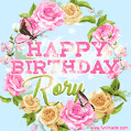 A charming animated GIF featuring 'Happy Birthday Rory' in pink and green text, surrounded by delicate roses, leaves, and fluttering butterflies on a soft light blue pastel background.