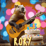 Animated birthday GIF showing a capybara playing guitar and singing beside a birthday cake with the name Rory in large letters and colorful bokeh lights in the background.