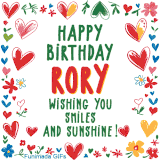 A colorful animated card for Rory’s birthday featuring playful hearts, cheerful flowers, and a handwritten message wishing smiles and sunshine.