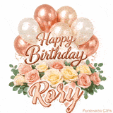 Floral Happy Birthday Rory GIF featuring blooming roses and floating balloons