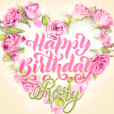 A stunning heart made of pink roses surrounds the elegant script text 'Happy Birthday Rory' on a soft beige background. Animated sparkles add a magical and festive feel.