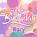 A vibrant name GIF featuring colorful balloons in shades of pink, orange, and yellow with the bold text 'Happy Birthday Rory' in festive fonts, creating a lively birthday vibe.