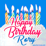 A cheerful animated GIF featuring colorful lit birthday candles on a white cake, with the text 'Happy Birthday Rory' in bold red and blue script on a bright blue background.