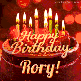 Animated GIF with colorful, festive 'Happy Birthday Rory' text decorated with patterns, a party hat, and falling confetti. A vibrant and cheerful design for birthday celebrations.