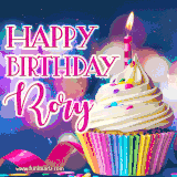 A festive animated GIF featuring a colorful cupcake with a single lit candle, sprinkles, and 'Happy Birthday Rory' text against a sparkling, celebratory background.