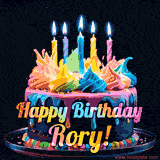 A vibrant animated GIF featuring a colorful rotating birthday cake with bright frosting swirls, glowing candles, and the text 'Happy Birthday Rory!' in rainbow colors.