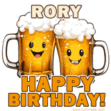 Animated GIF with name Rory featuring two smiling beer mugs with frothy tops, toasting in celebration. The text reads 'Rory, Happy Birthday!' in bold letters.