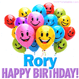An animated birthday-themed name GIF with colorful smiling balloons and bold 'Rory, Happy Birthday!' text for a celebratory touch.