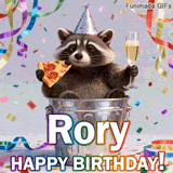 Animated birthday card personalized for Rory. The lovable trash panda toasts with pizza and a drink, celebrating amidst colorful confetti and streamers.