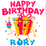 A funny animated birthday GIF with the words 'Happy Birthday Rorya', colorful gift box with arms and legs, holding a cupcake with a lit candle  with confetti everywhere.