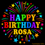 Personalized greeting card with name, colorful text that says 'Happy Birthday Rosa' surrounded by animated fireworks and multicolor stars