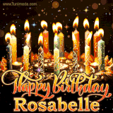 A glowing personalized birthday GIF with name Rosabelle featuring lit candles with intricate designs, warm lighting, and the text 'Happy Birthday' in an elegant font.