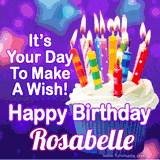 A colorful birthday GIF for Rosabelle featuring a cupcake with vibrant lit candles and the text 'It's Your Day to Make a Wish! Happy Birthday Rosabelle' in bold letters on a festive purple background.