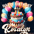 Hand-drawn happy birthday cake adorned with an arch of colorful balloons - name GIF for Rosalyn