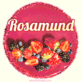 Beautifully decorated red velvet berry birthday cake with vibrant fruits and a glowing 'Rosamund' name, adding a touch of sweetness and sparkle.