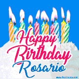 A cheerful animated GIF featuring colorful lit birthday candles on a white cake, with the text 'Happy Birthday Rosario' in bold red and blue script on a bright blue background.