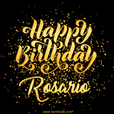 Animated GIF with colorful, festive 'Happy Birthday Rosario' text decorated with patterns, a party hat, and falling confetti. A vibrant and cheerful design for birthday celebrations.