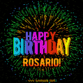 A colorful animated GIF featuring the text 'Happy Birthday Rosario!' in rainbow colors with a dynamic iridescent firework display in the background.