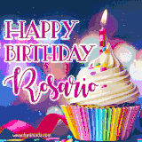 A festive animated GIF featuring a colorful cupcake with a single lit candle, sprinkles, and 'Happy Birthday Rosario' text against a sparkling, celebratory background.