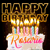 A vibrant animated GIF featuring a delicious birthday cake topped with glowing candles and the name 'Rosario' in elegant script, and the words 'Happy Birthday' on the black background.