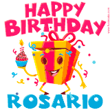 A funny animated birthday GIF with the words 'Happy Birthday Rosarioa', colorful gift box with arms and legs, holding a cupcake with a lit candle  with confetti everywhere.