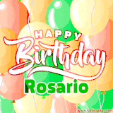 Animated GIF featuring colorful balloons in the background with the cheerful text 'Happy Birthday Rosario'.