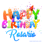 Animated GIF with colorful, festive 'Happy Birthday Rosario' text decorated with patterns, a party hat, and falling confetti. A vibrant and cheerful design for birthday celebrations.