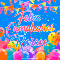 A vibrant animated GIF with 'Feliz Cumpleaños Roscoe' written in colorful script, surrounded by balloons, confetti, and bunting on a bright blue background.