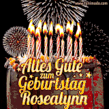 A chocolate birthday cake with glowing candles, the German text 'Alles Gute zum Geburtstag Rosealynn,' and vibrant fireworks lighting up the background in an animated GIF.