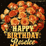Animated bouquet of orange roses with moving butterfles and golden 'Happy Birthday Roselee' text, surrounded by sparkling accents and a dark backdrop for a luxurious feel.