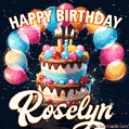 Hand-drawn happy birthday cake adorned with an arch of colorful balloons - name GIF for Roselyn
