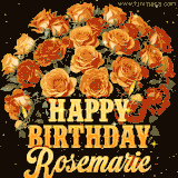Animated bouquet of orange roses with moving butterfles and golden 'Happy Birthday Rosemarie' text, surrounded by sparkling accents and a dark backdrop for a luxurious feel.