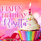 A vibrant birthday GIF featuring a rainbow-colored cupcake topped with white frosting, sprinkles, and a lit candle. The text reads 'Happy Birthday Rosetta' in bold pink and violet letters with white outline.
