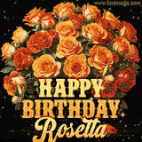 Animated bouquet of orange roses with moving butterfles and golden 'Happy Birthday Rosetta' text, surrounded by sparkling accents and a dark backdrop for a luxurious feel.