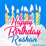 A cheerful animated GIF featuring colorful lit birthday candles on a white cake, with the text 'Happy Birthday Roshan' in bold red and blue script on a bright blue background.