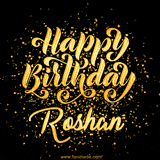 Animated GIF with colorful, festive 'Happy Birthday Roshan' text decorated with patterns, a party hat, and falling confetti. A vibrant and cheerful design for birthday celebrations.