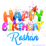Animated GIF with colorful, festive 'Happy Birthday Roshan' text decorated with patterns, a party hat, and falling confetti. A vibrant and cheerful design for birthday celebrations.