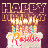 A colorful birthday cake topped with lit candles, with the words 'Happy Birthday Rositsa' in bold glowing letters on a burgundy background. Animated flames add a festive touch.