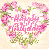 A stunning heart made of pink roses surrounds the elegant script text 'Happy Birthday Rositsa' on a soft beige background. Animated sparkles add a magical and festive feel.