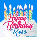A cheerful animated GIF featuring colorful lit birthday candles on a white cake, with the text 'Happy Birthday Ross' in bold red and blue script on a bright blue background.
