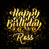 Animated GIF with colorful, festive 'Happy Birthday Ross' text decorated with patterns, a party hat, and falling confetti. A vibrant and cheerful design for birthday celebrations.