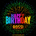 A colorful animated GIF featuring the text 'Happy Birthday Ross!' in rainbow colors with a dynamic iridescent firework display in the background.
