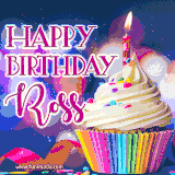 A festive animated GIF featuring a colorful cupcake with a single lit candle, sprinkles, and 'Happy Birthday Ross' text against a sparkling, celebratory background.