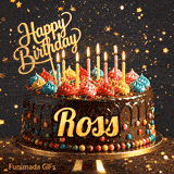 A delicious-looking chocolate cake topped with multiple lit candles and a golden Happy Birthday sign, personalized for Ross.