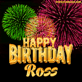 A captivating GIF with bursts of green, pink, and orange fireworks lighting up the night sky, accompanied by 'Happy Birthday Ross' in glowing golden text.