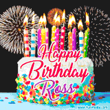 A lively happy birthday animated GIF showcasing a colorful birthday cake covered in sprinkles, topped with glowing candles, and surrounded by vibrant fireworks. The name 'Ross' is featured in elegant script.