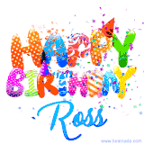 Animated GIF with colorful, festive 'Happy Birthday Ross' text decorated with patterns, a party hat, and falling confetti. A vibrant and cheerful design for birthday celebrations.